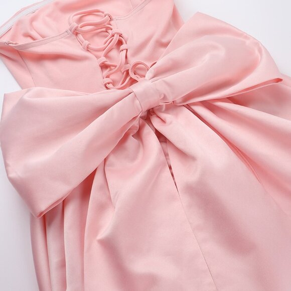 Romantic Pink Satin Bubble Hem Mini Dress - Strapless Bow Back Party Gown - Picture 9 of 9